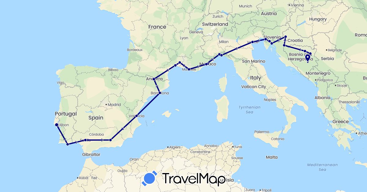TravelMap itinerary: driving in Andorra, Bosnia and Herzegovina, Spain, France, Croatia, Italy, Monaco, Portugal, Slovenia (Europe)